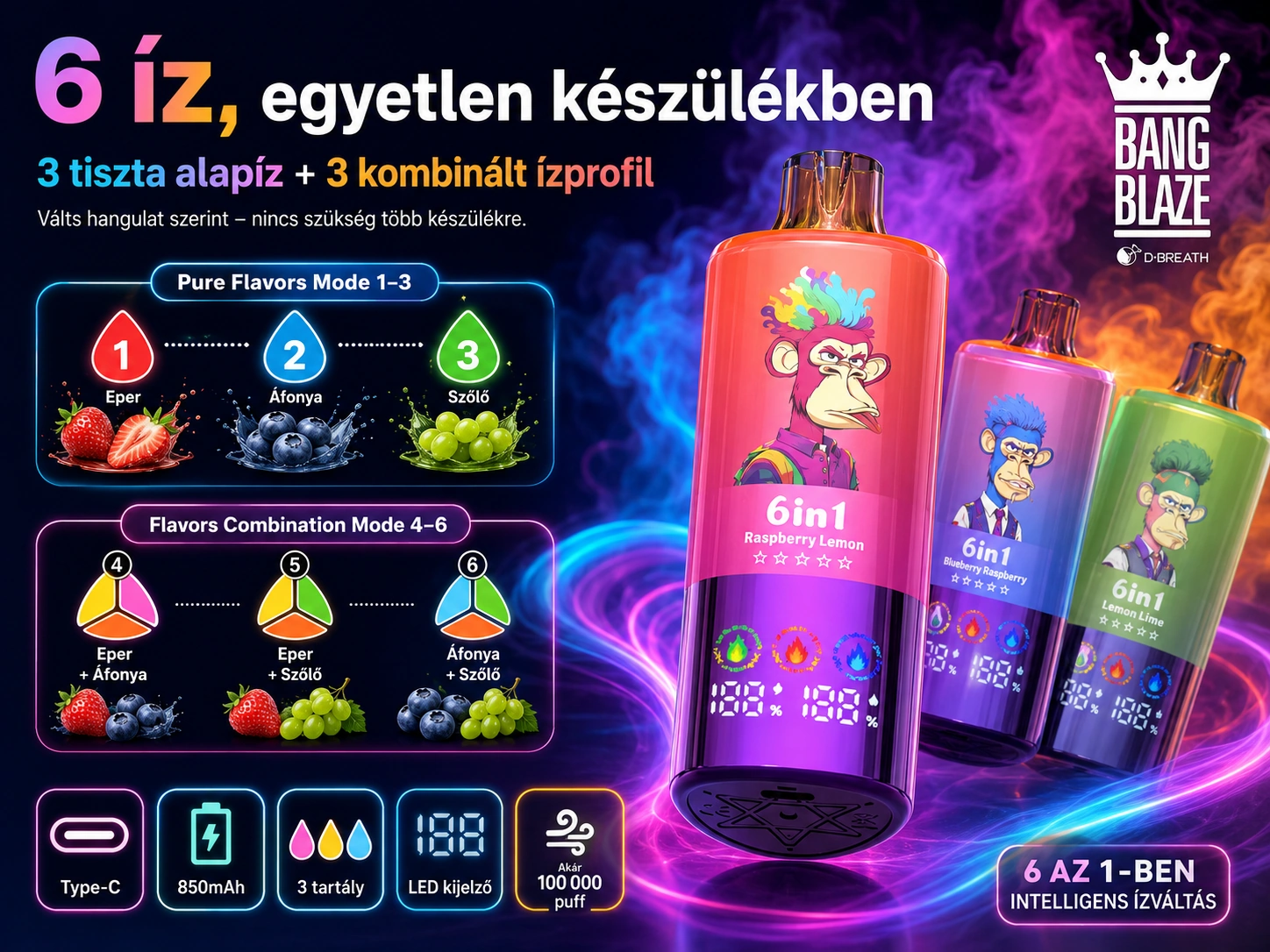 Bang Blaze 100K Puffs 6 az 1-ben – hat íz egy készülékben