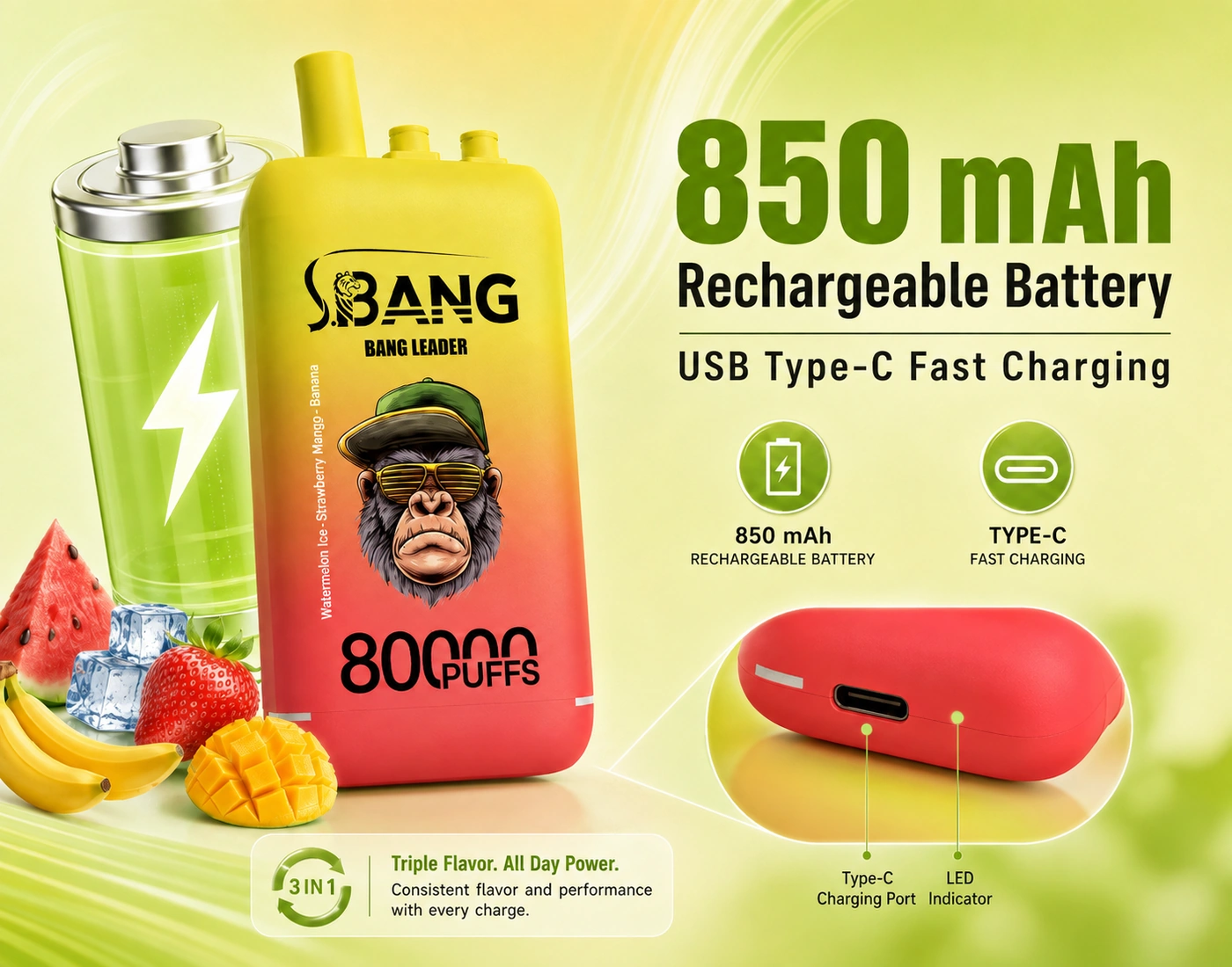 Bang Leader 80K 3in1 – 850 mAh akkumulátor és USB-C töltés