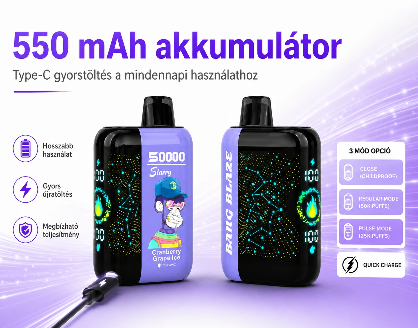 Bang Blaze Starry 50K – 550 mAh akkumulátor és Type-C töltés