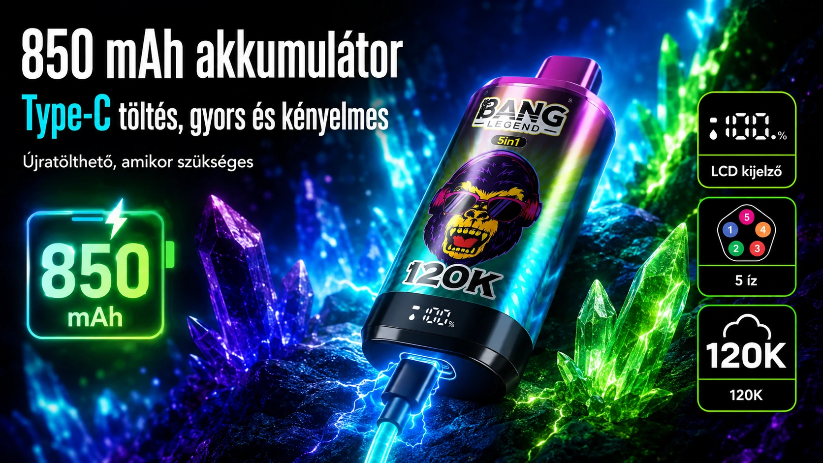 850mAh akkumulátor és Type-C töltés