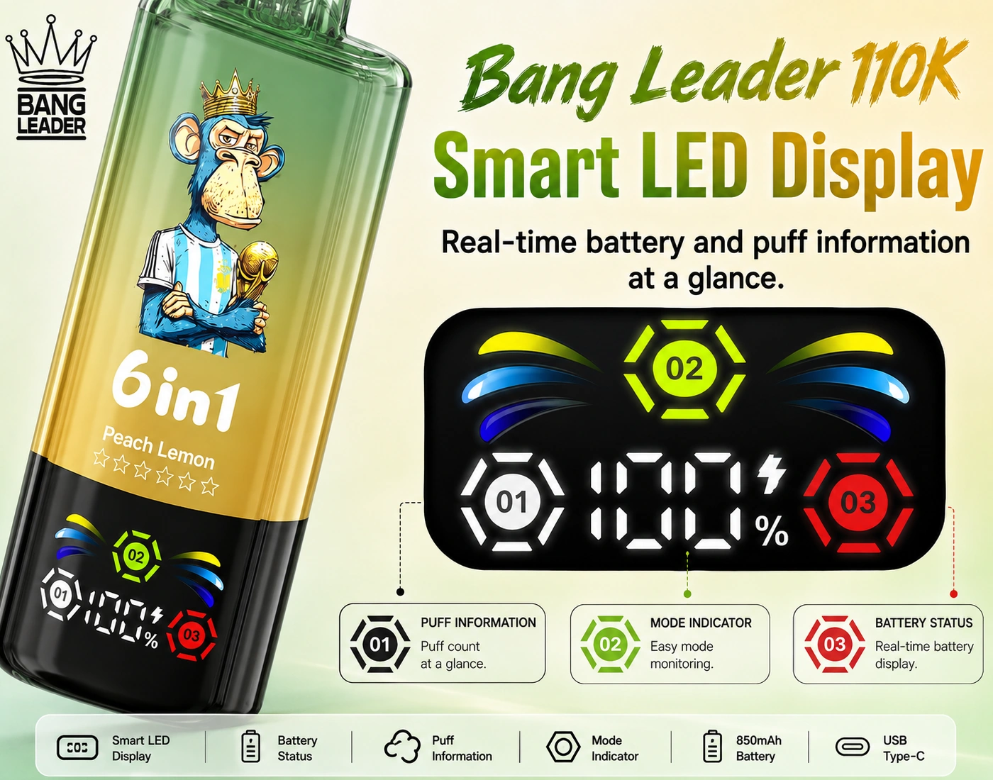 Bang Leader 110K – LED kijelző az akkumulátor és a slukkszám állapotához