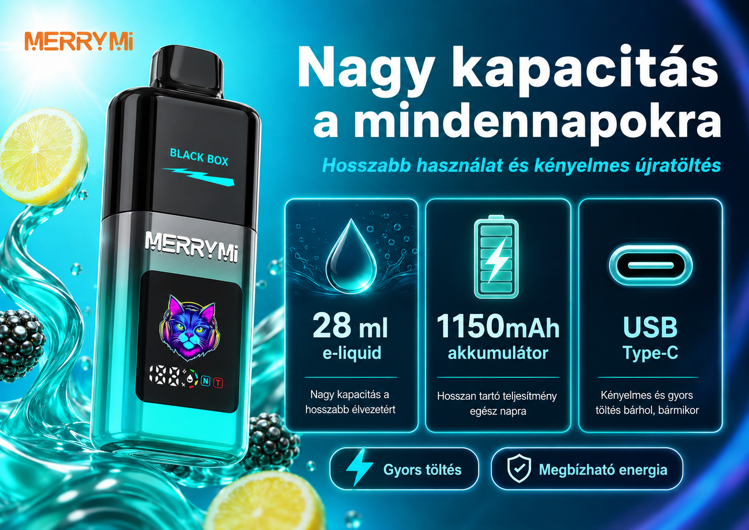 Merry Mi Mecha Pro 35000 Puffs – 28 ml e-liquid, 1150 mAh akkumulátor és USB-C töltés