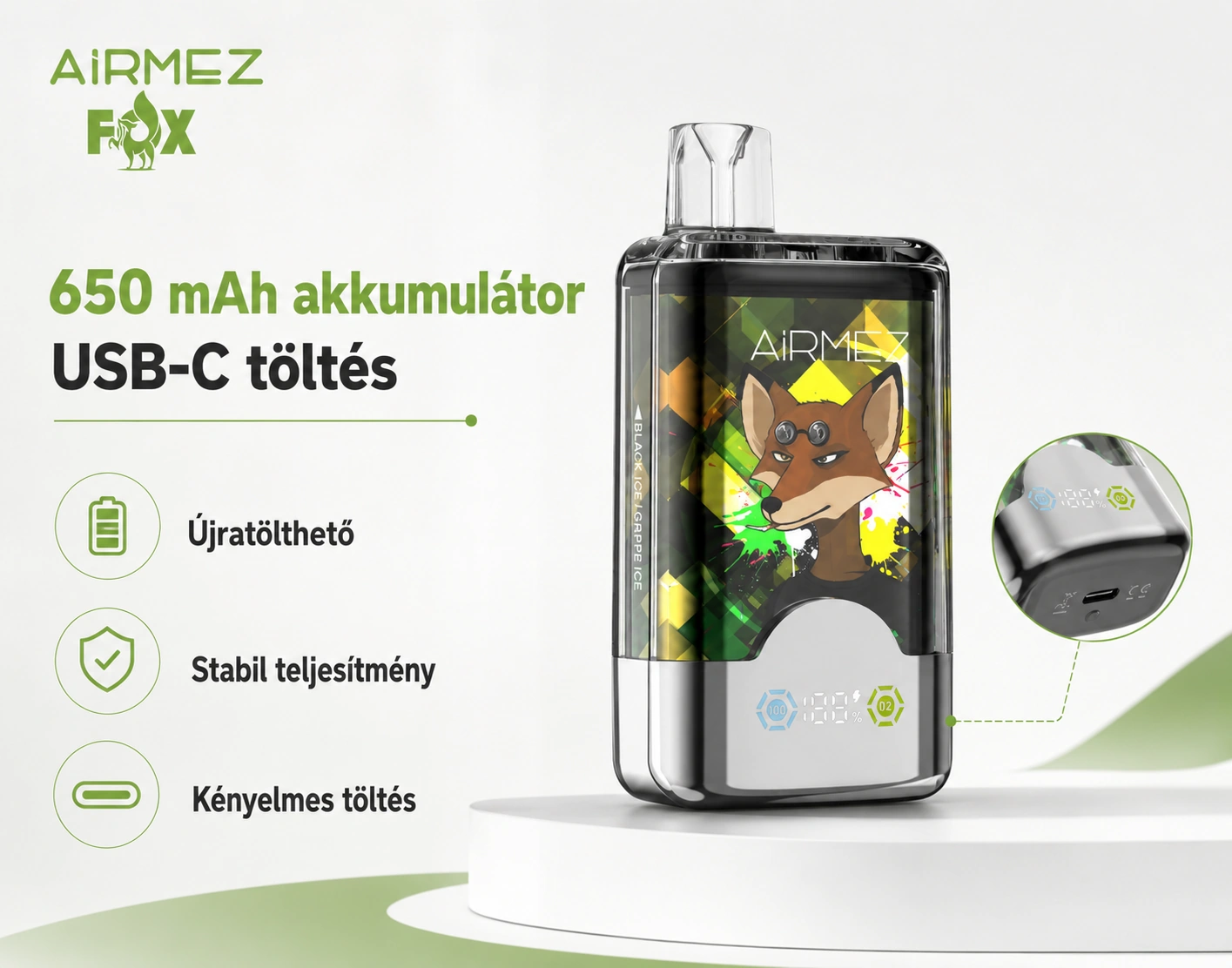 Airmez FOX 80K 2in1 – 650 mAh akkumulátor és USB-C töltés