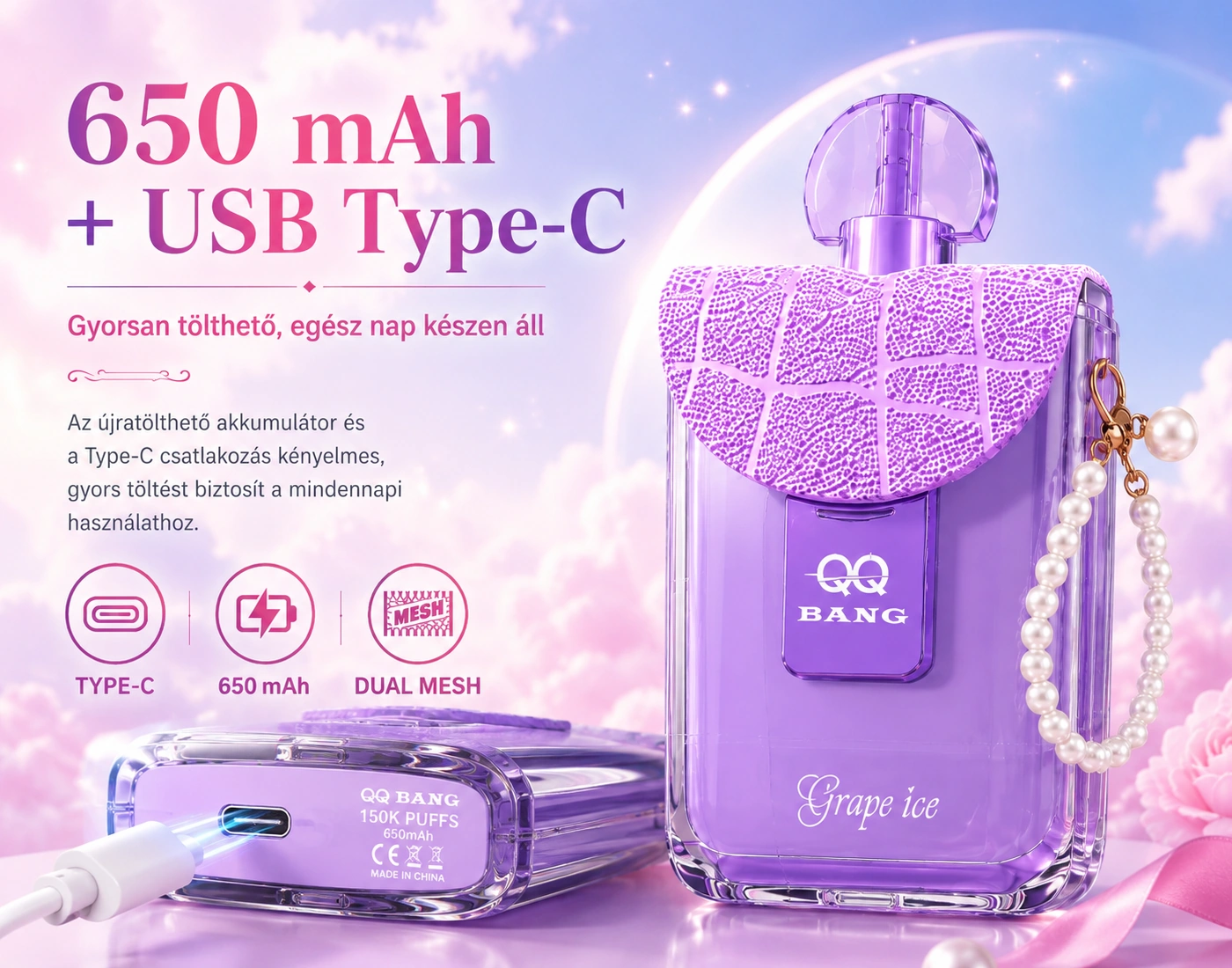 QQ BANG 150K Monkey Edition – 650 mAh akkumulátor és USB-C töltés részletei