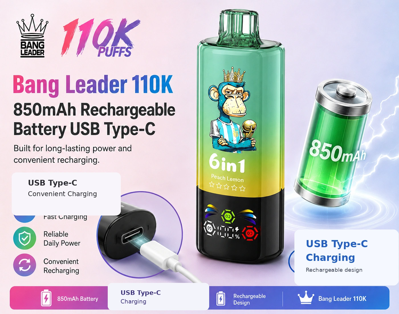 Bang Leader 110K – 850 mAh akkumulátor és USB-C töltés