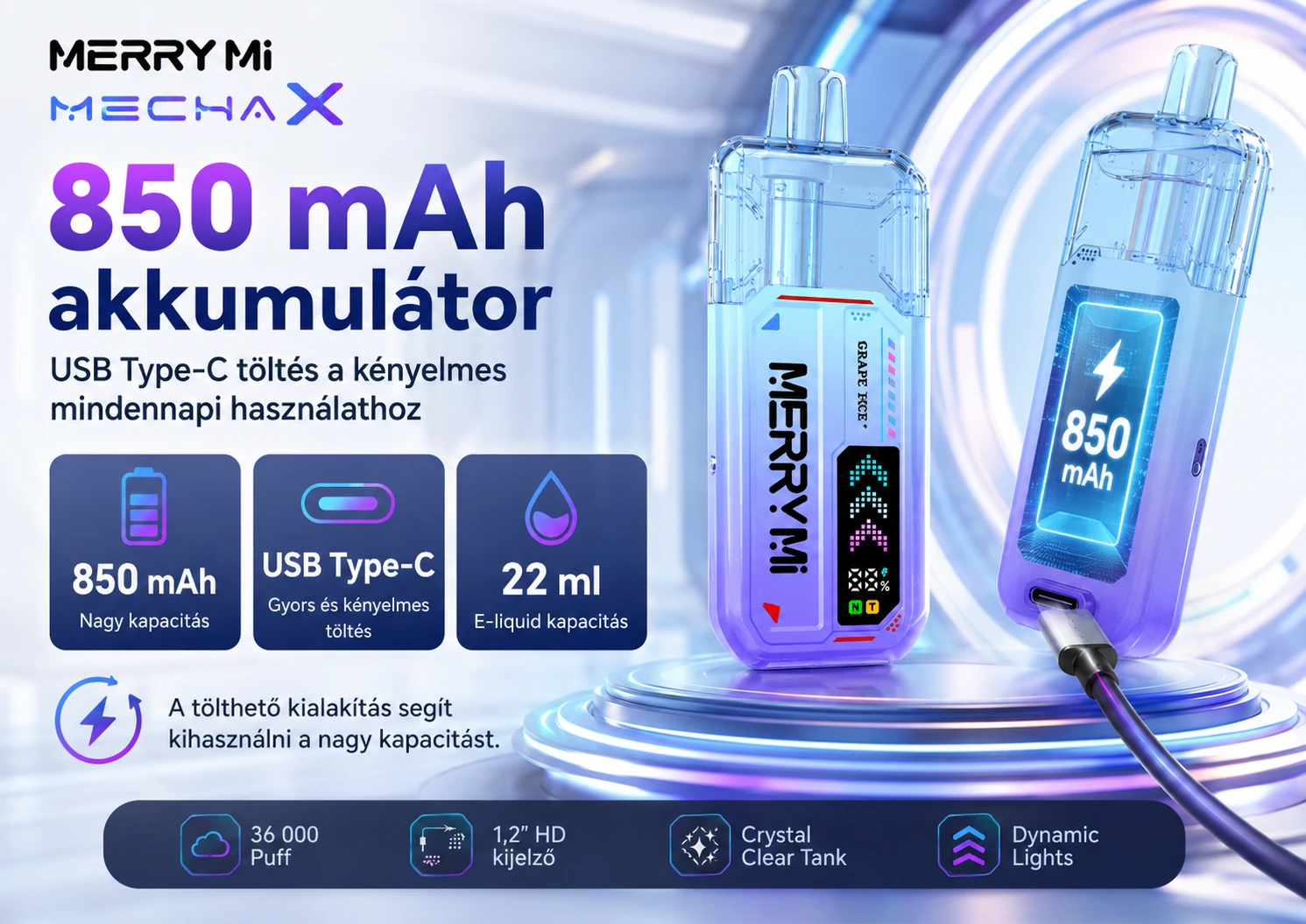 Merry Mi Mecha X 36000 Puffs – 850 mAh akkumulátor és USB-C töltés