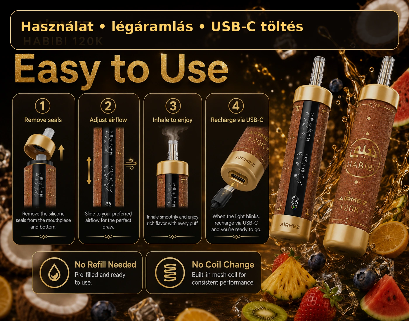 Airmez HABIBI 120K LED Shisha – használat, légáramlás és USB-C töltés