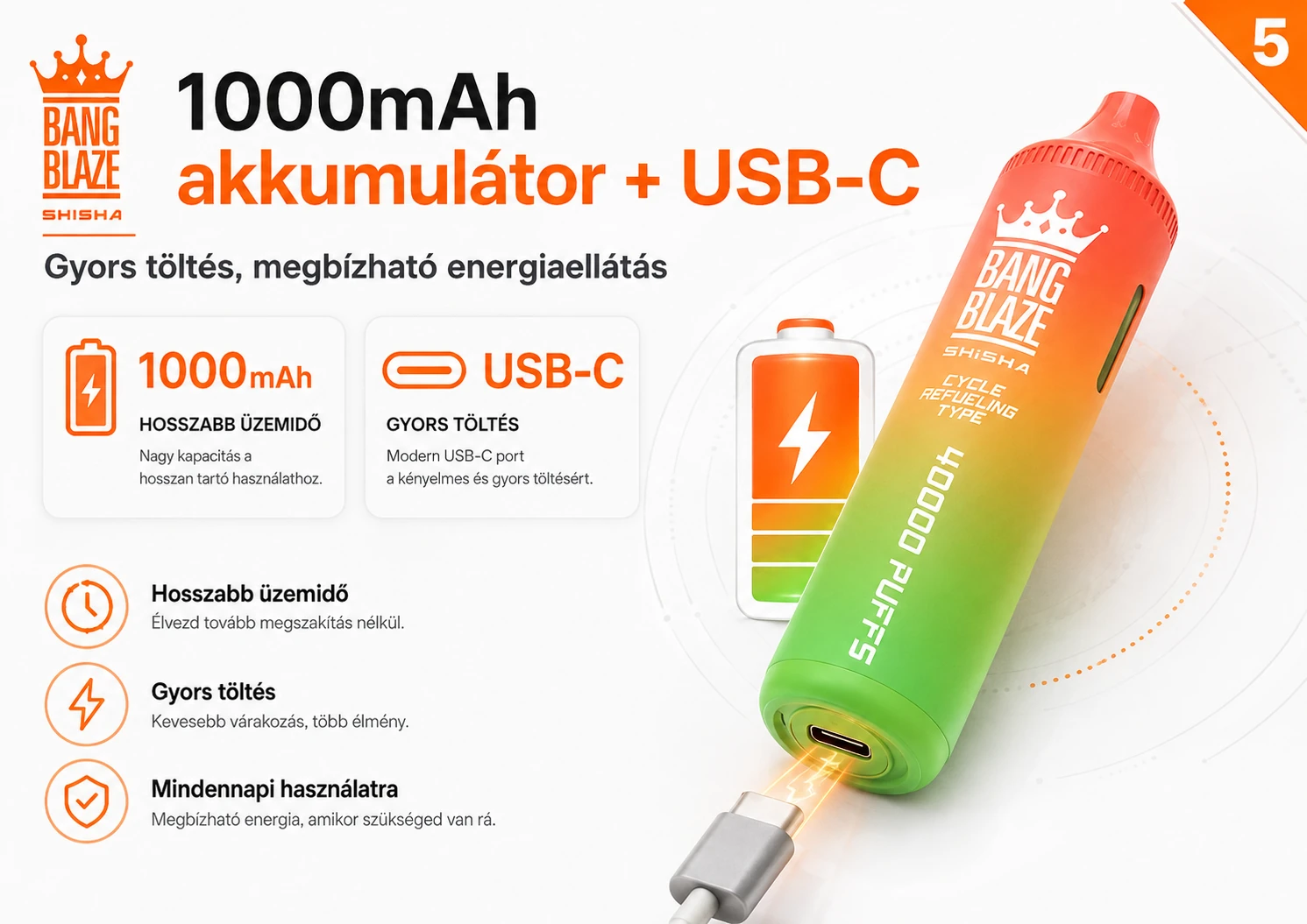 Bang Blaze Shisha 40K Puffs 1000mAh akkumulátor USB-C töltéssel