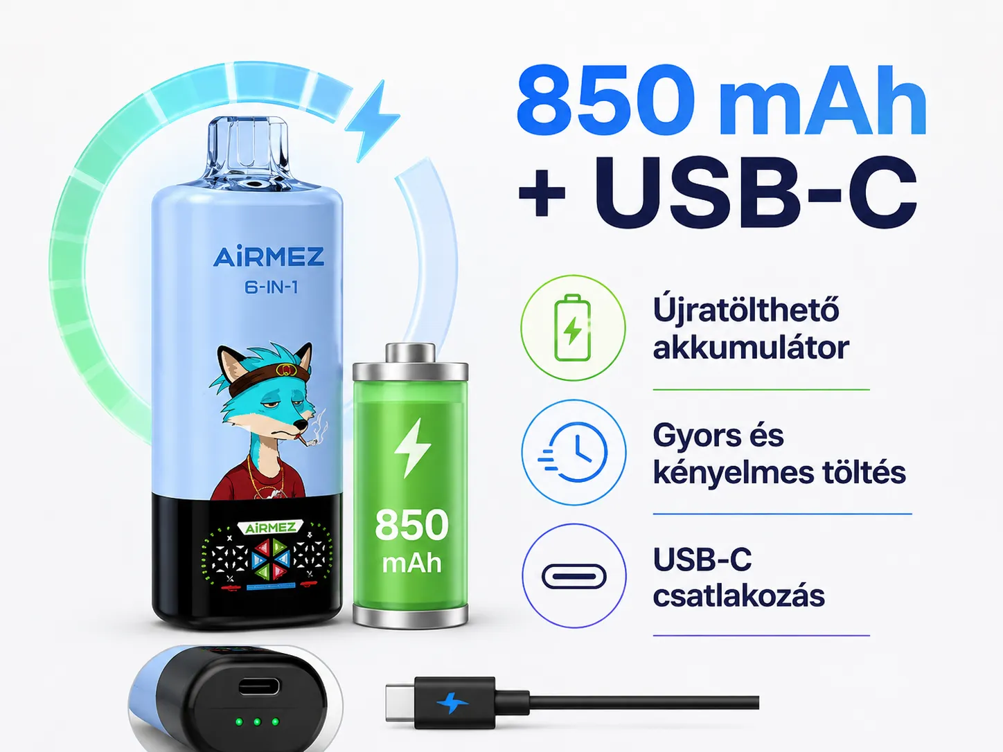 Airmez FOX 140K 6in1 – 850 mAh akkumulátor és USB-C töltés
