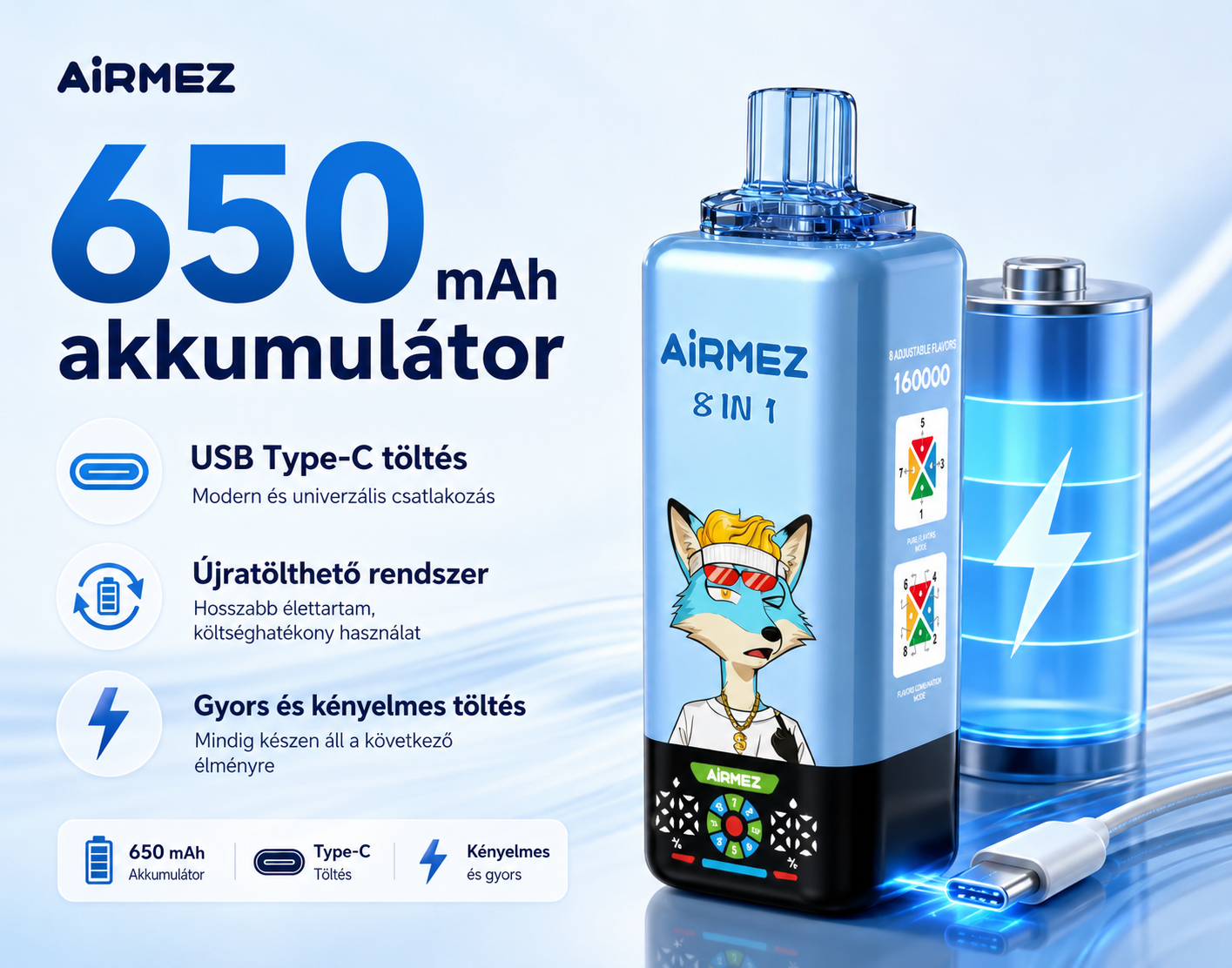 Airmez FOX 160K Puffs 8IN1 – 650 mAh akkumulátor és USB-C töltés