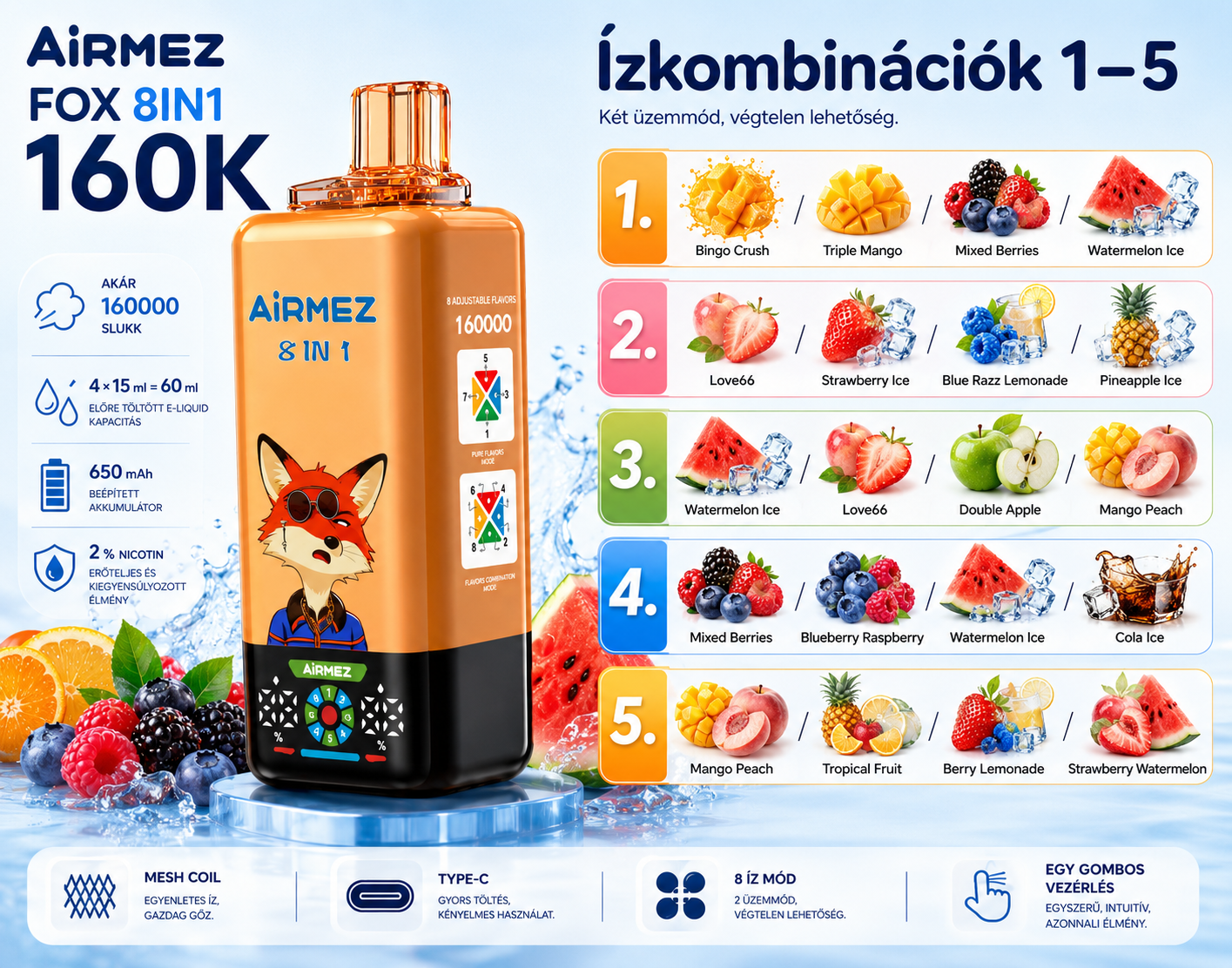 Airmez FOX 160K Puffs 8IN1 – ízkombinációk 1–5