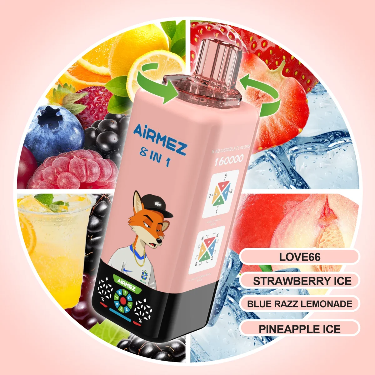 Airmez FOX 160K Puffs 8IN1 – Love 66 / Strawberry Ice / Blue Razz Lemonade / Pineapple Ice ízkombináció