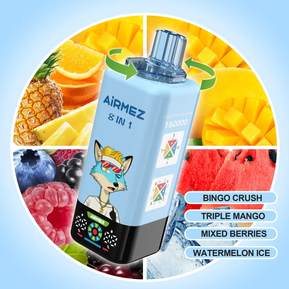Airmez FOX 160K Puffs 8IN1 – kék készülék Bingo Crush / Triple Mango / Mixed Berries / Watermelon Ice ízekkel
