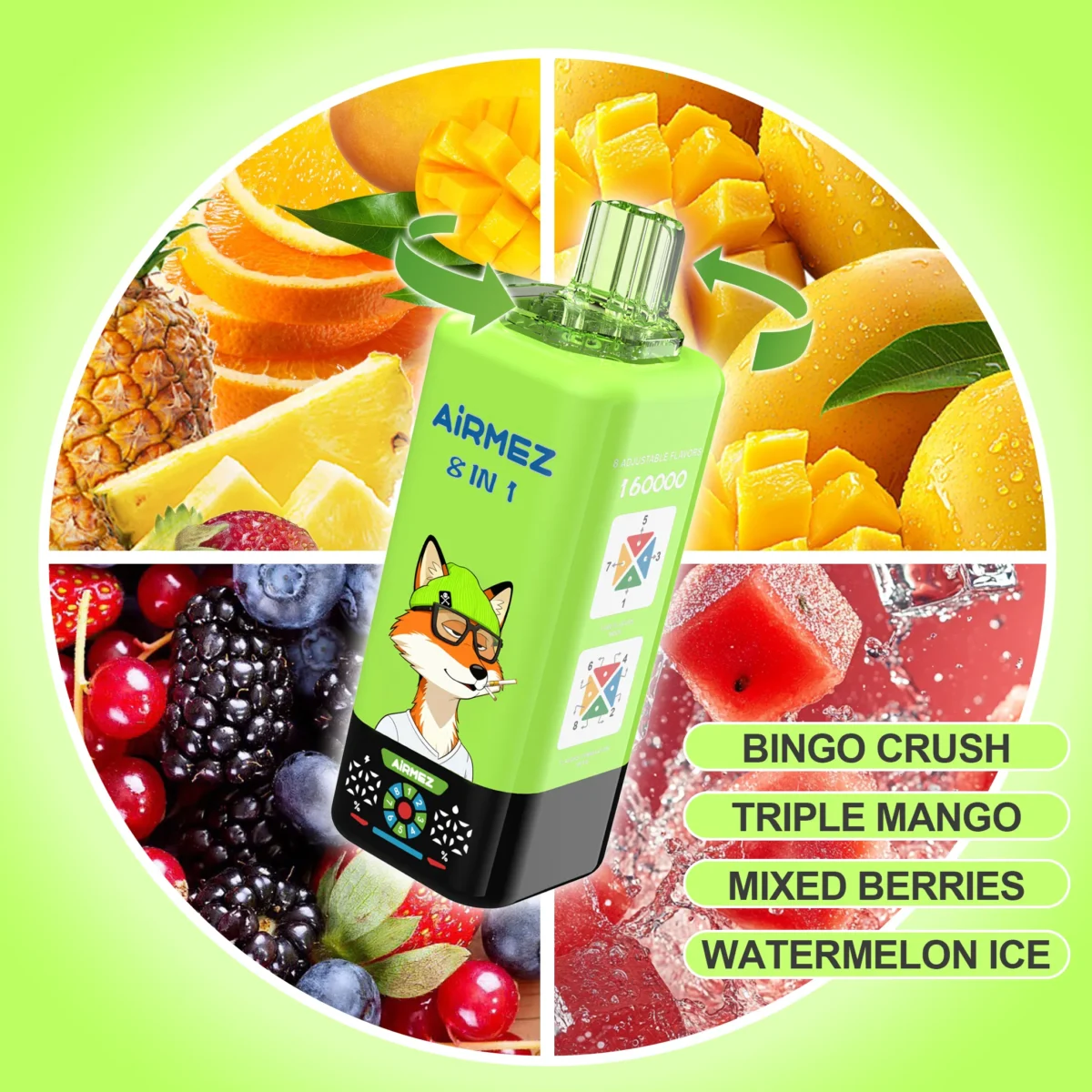 Airmez FOX 160K Puffs 8IN1 – zöld készülék Bingo Crush / Triple Mango / Mixed Berries / Watermelon Ice ízekkel