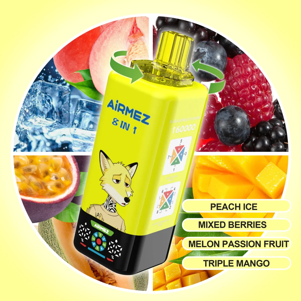 Airmez FOX 160K Puffs 8IN1 – Peach Ice / Mixed Berries / Melon Passion Fruit / Triple Mango ízkombináció