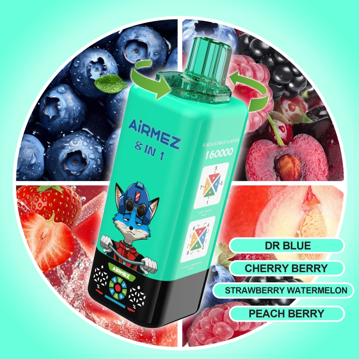 Airmez FOX 160K Puffs 8IN1 – Dr. Blue / Cherry Berry / Strawberry Watermelon / Peach Berry ízkombináció