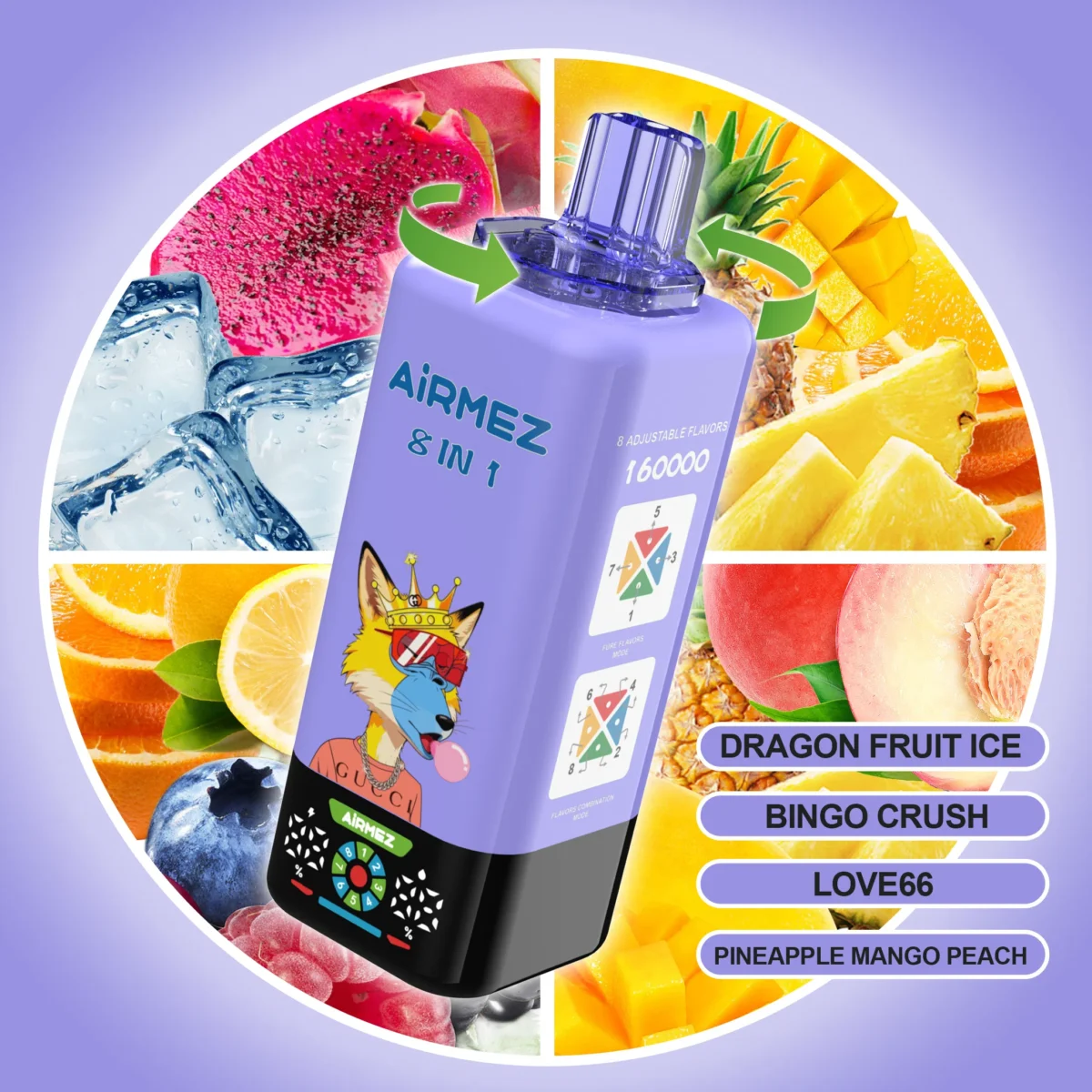 Airmez FOX 160K Puffs 8IN1 – Dragon Fruit Ice / Bingo Crush / Love 66 / Pineapple Mango Peach ízkombináció