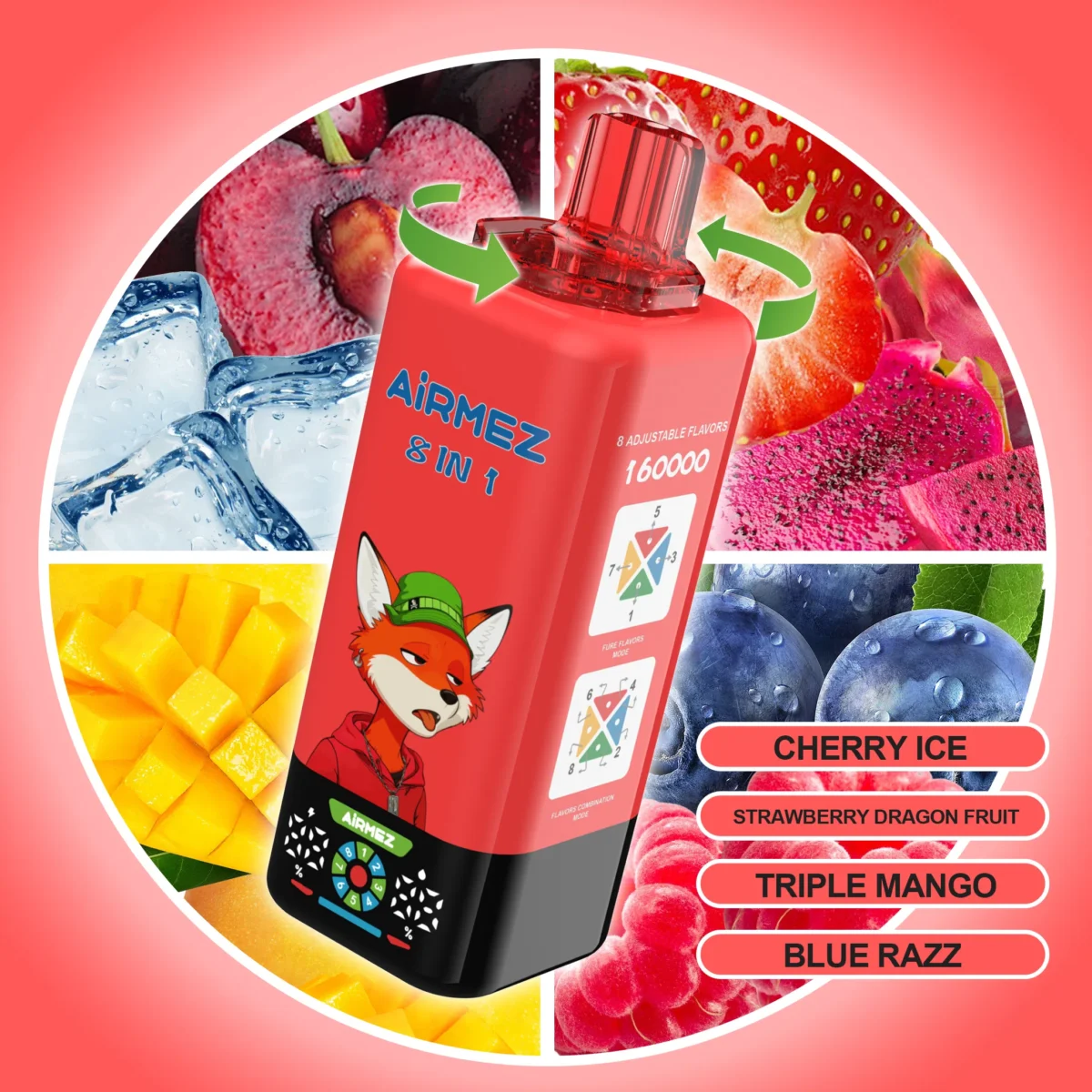Airmez FOX 160K Puffs 8IN1 – Cherry Ice / Triple Mango / Blue Razz ízkombináció