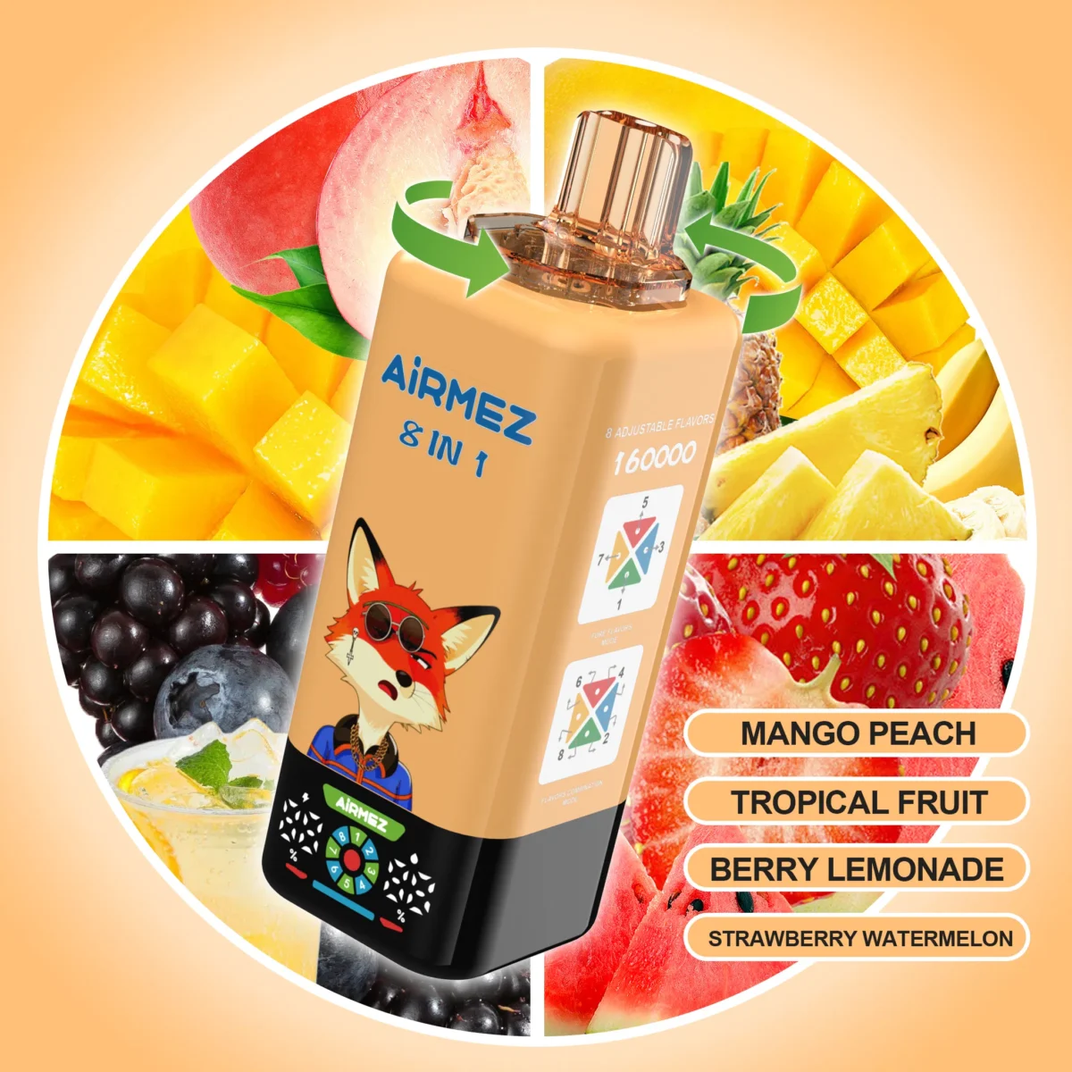 Airmez FOX 160K Puffs 8IN1 – Mango Peach / Tropical Fruit / Berry Lemonade / Strawberry Watermelon ízkombináció