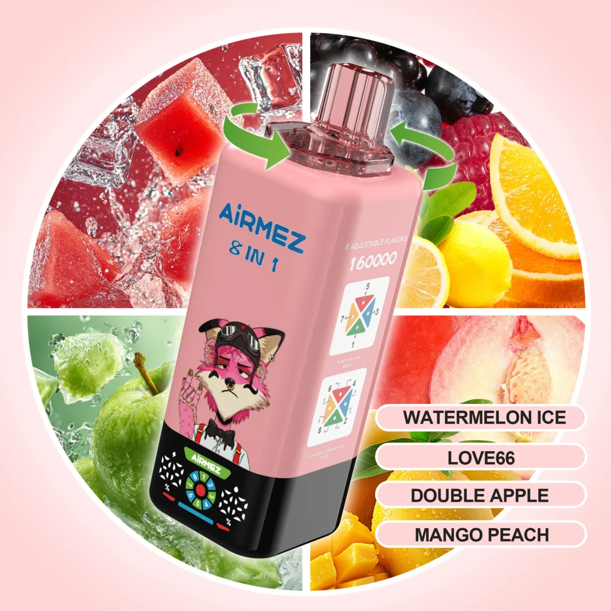 Airmez FOX 160K Puffs 8IN1 – Watermelon Ice / Love 66 / Double Apple / Mango Peach ízkombináció