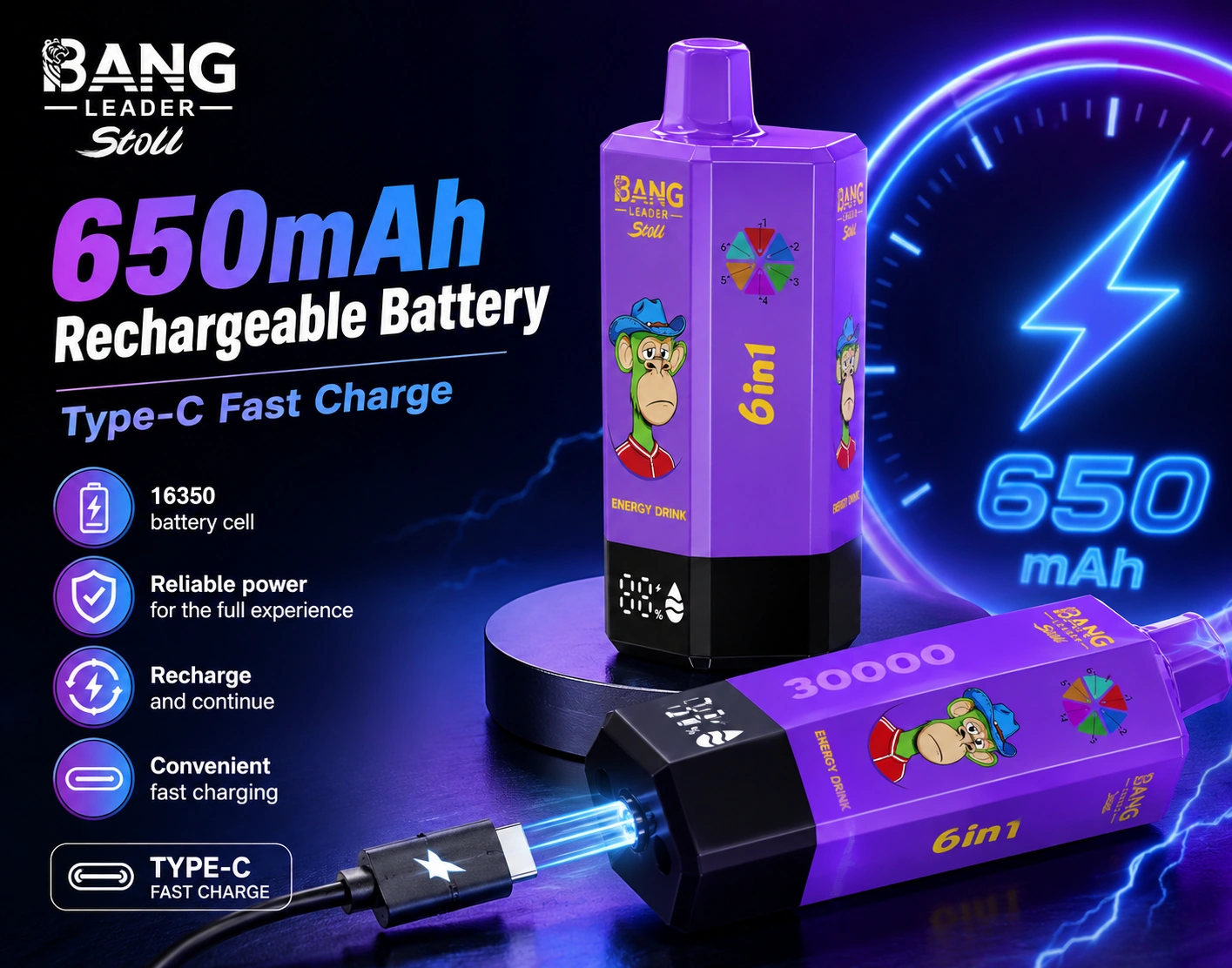 BANG LEADER STOLL 300K 6in1 – 650 mAh akkumulátor és USB-C töltés