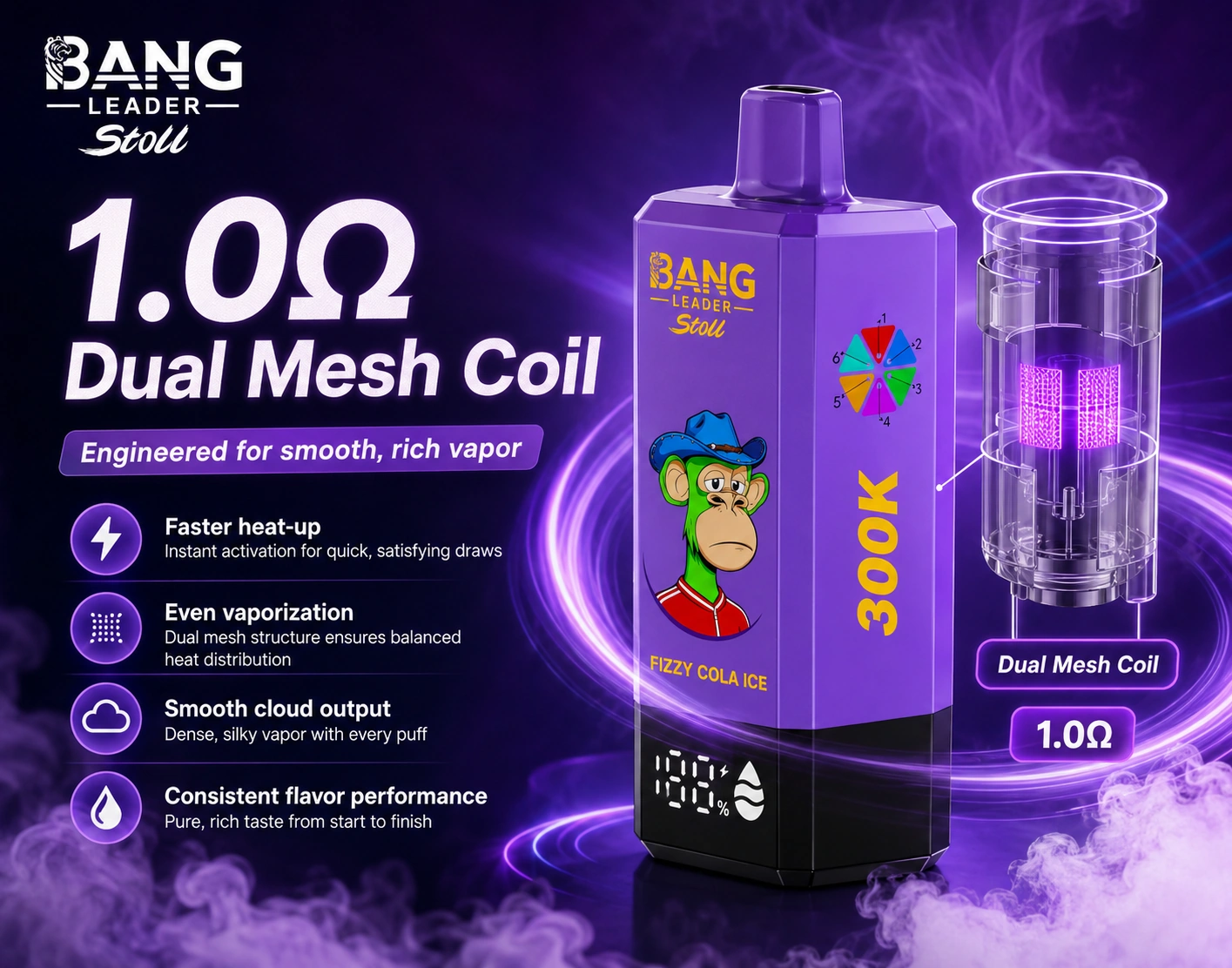 BANG LEADER STOLL 300K 6in1 – 1,0 ohmos Dual Mesh Coil technológia