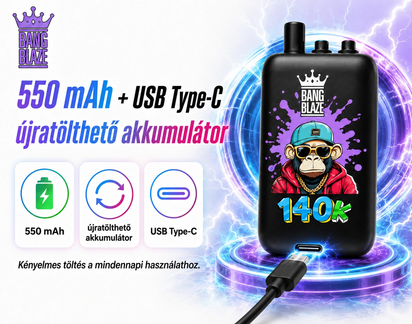 Bang Blaze 140K Puffs 3 az 1-ben – akkumulátor és USB-C töltés