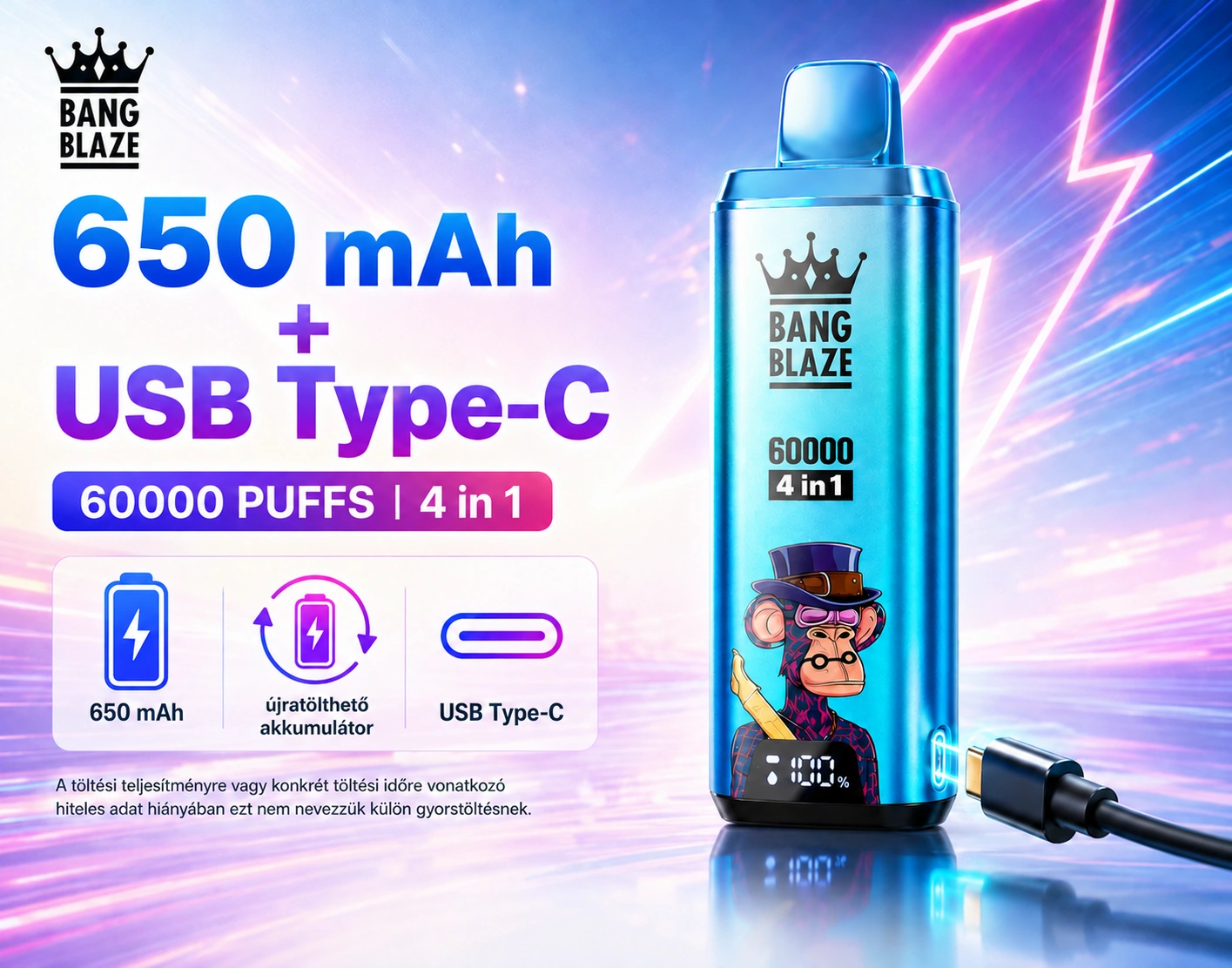 Bang Blaze 60K 4 az 1-ben – 650 mAh akkumulátor és USB-C töltés