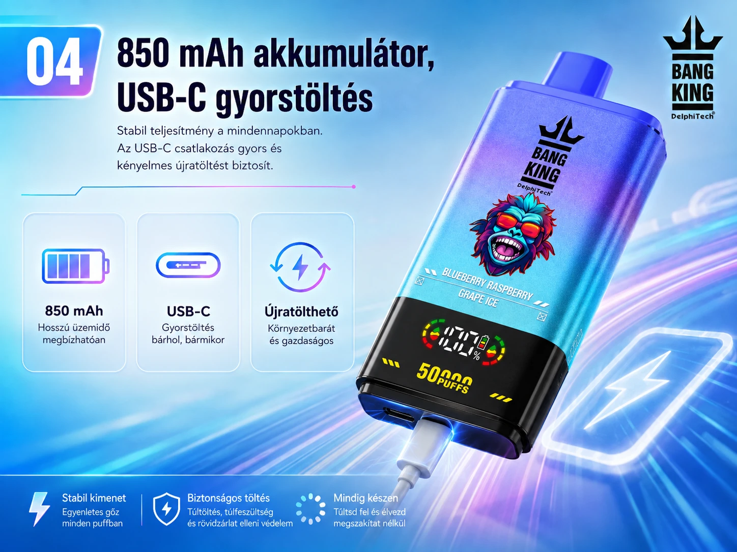 Bang King Dual Flavor 50000 Puffs – 850 mAh akkumulátor és USB-C gyorstöltés