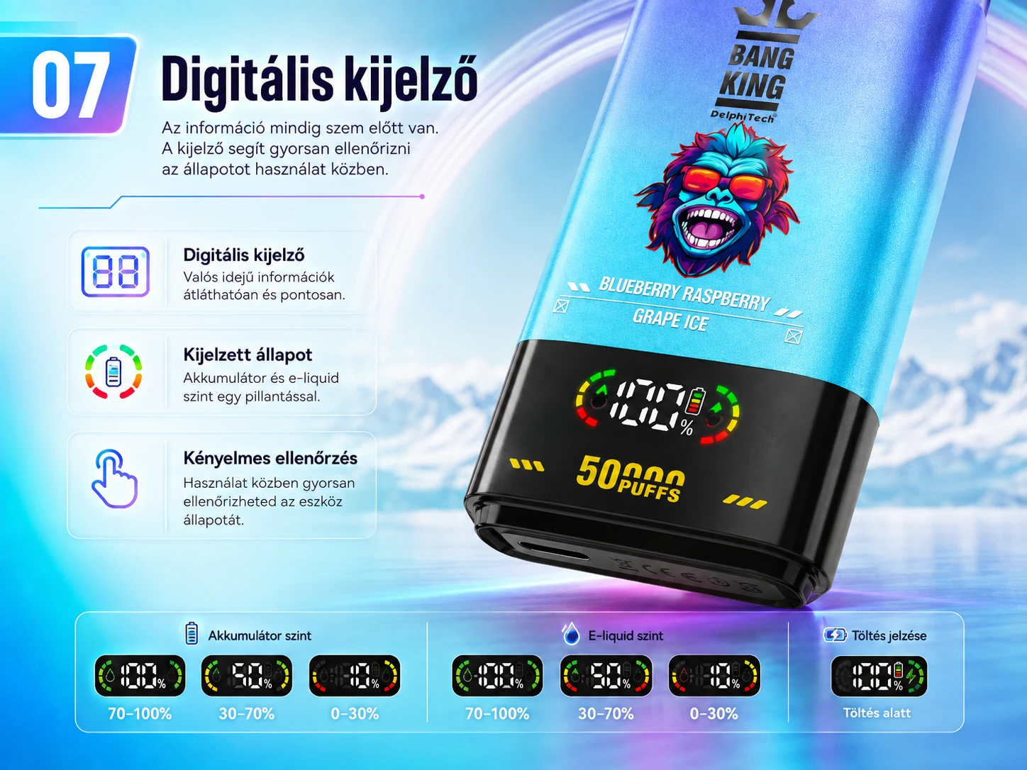 Bang King Dual Flavor 50000 Puffs – digitális kijelző