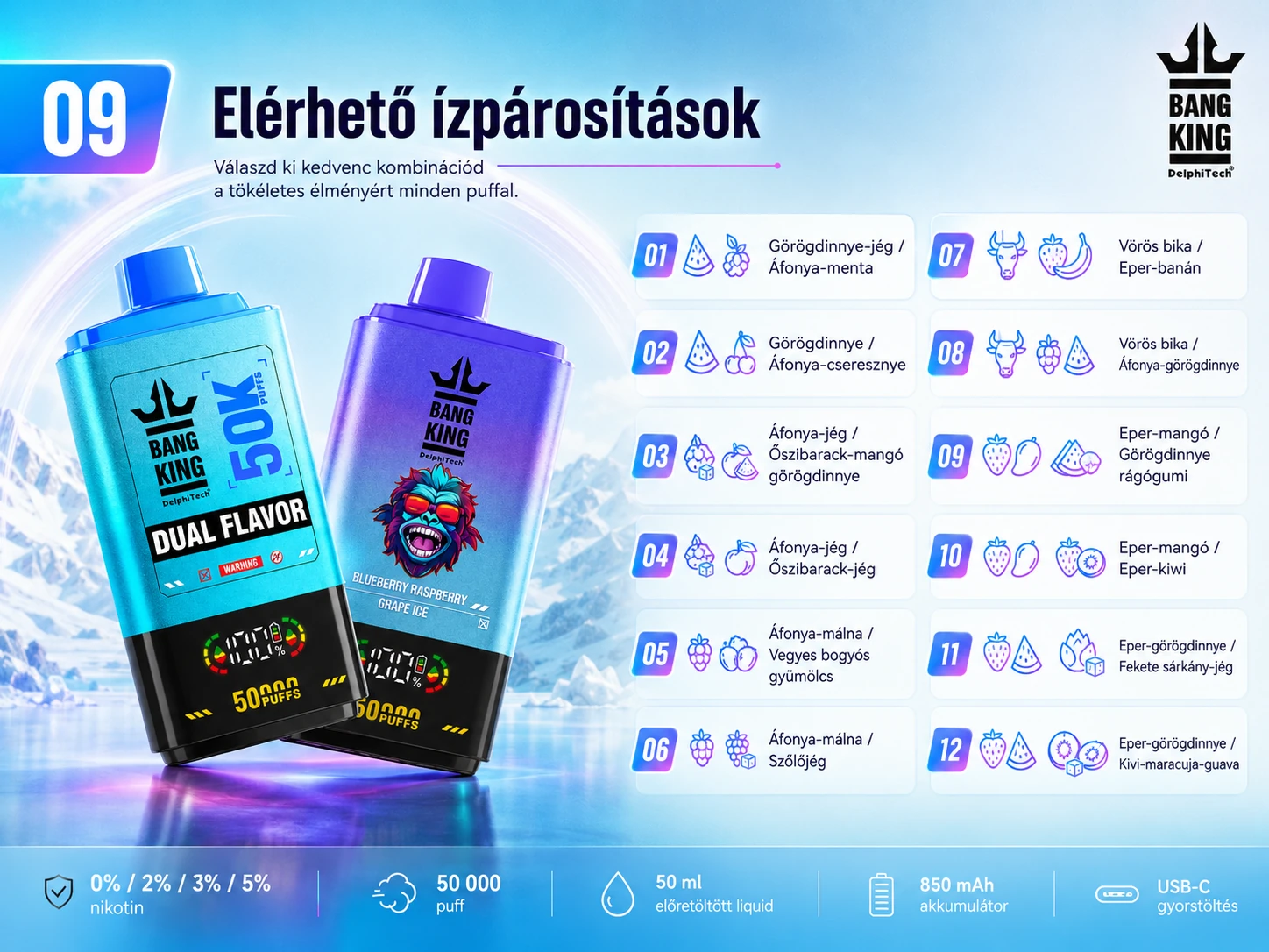 Bang King Dual Flavor 50000 Puffs – elérhető ízpárosítások