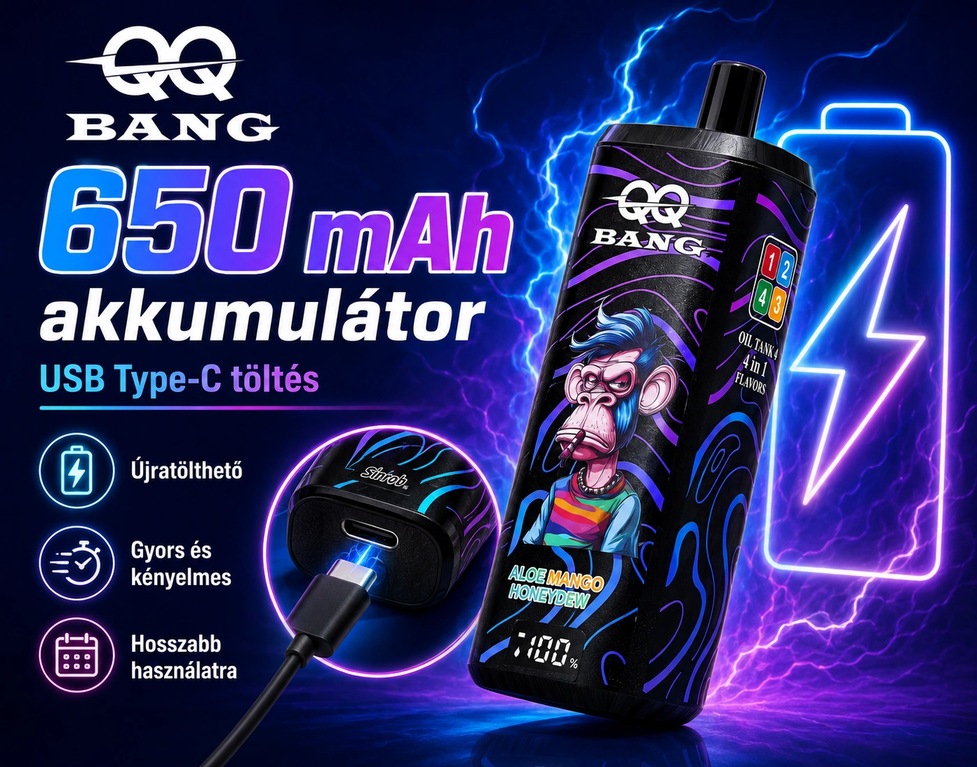 QQ BANG 180K 4in1 – 650 mAh akkumulátor és USB-C töltés részletei