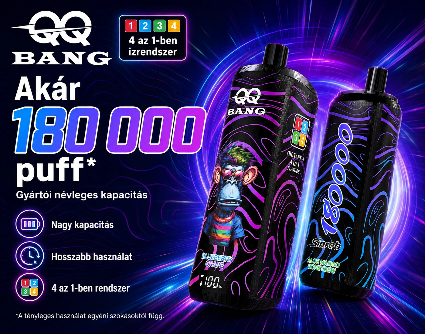 QQ BANG 180K 4in1 – akár 180 000 slukk névleges kapacitás magyarázata