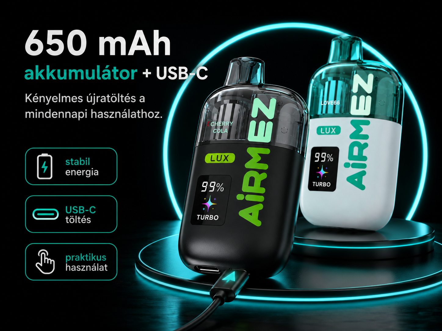 Airmez LUX 100K Puffs – 650 mAh akkumulátor és USB-C töltés
