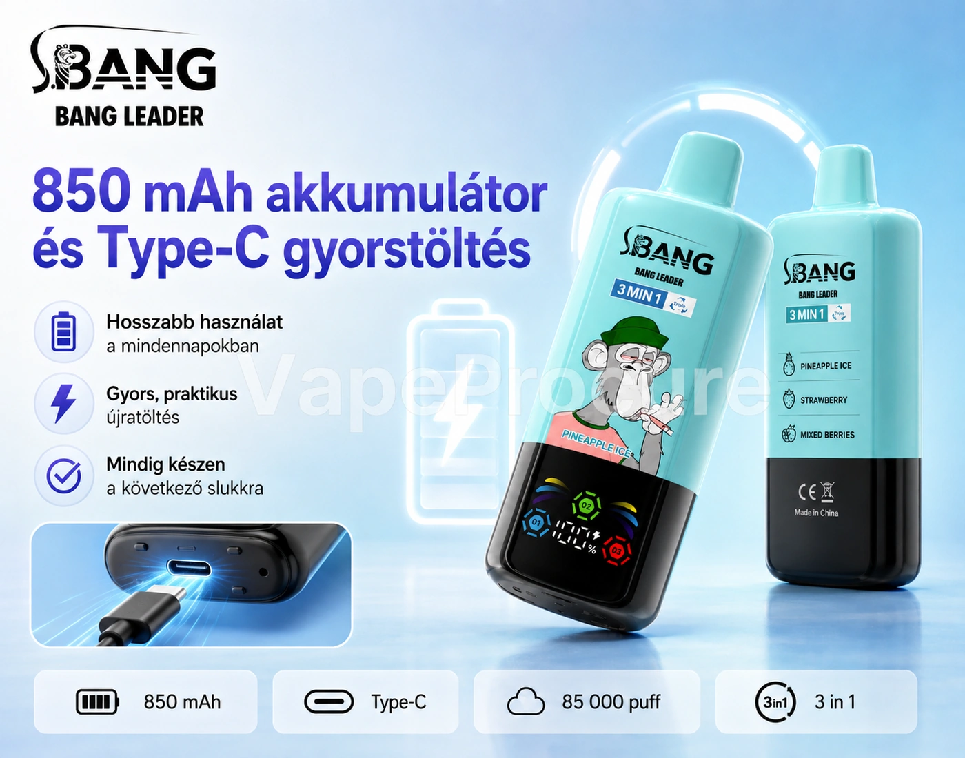 Bang Leader 85K 3in1 – 850 mAh akkumulátor és USB-C töltés