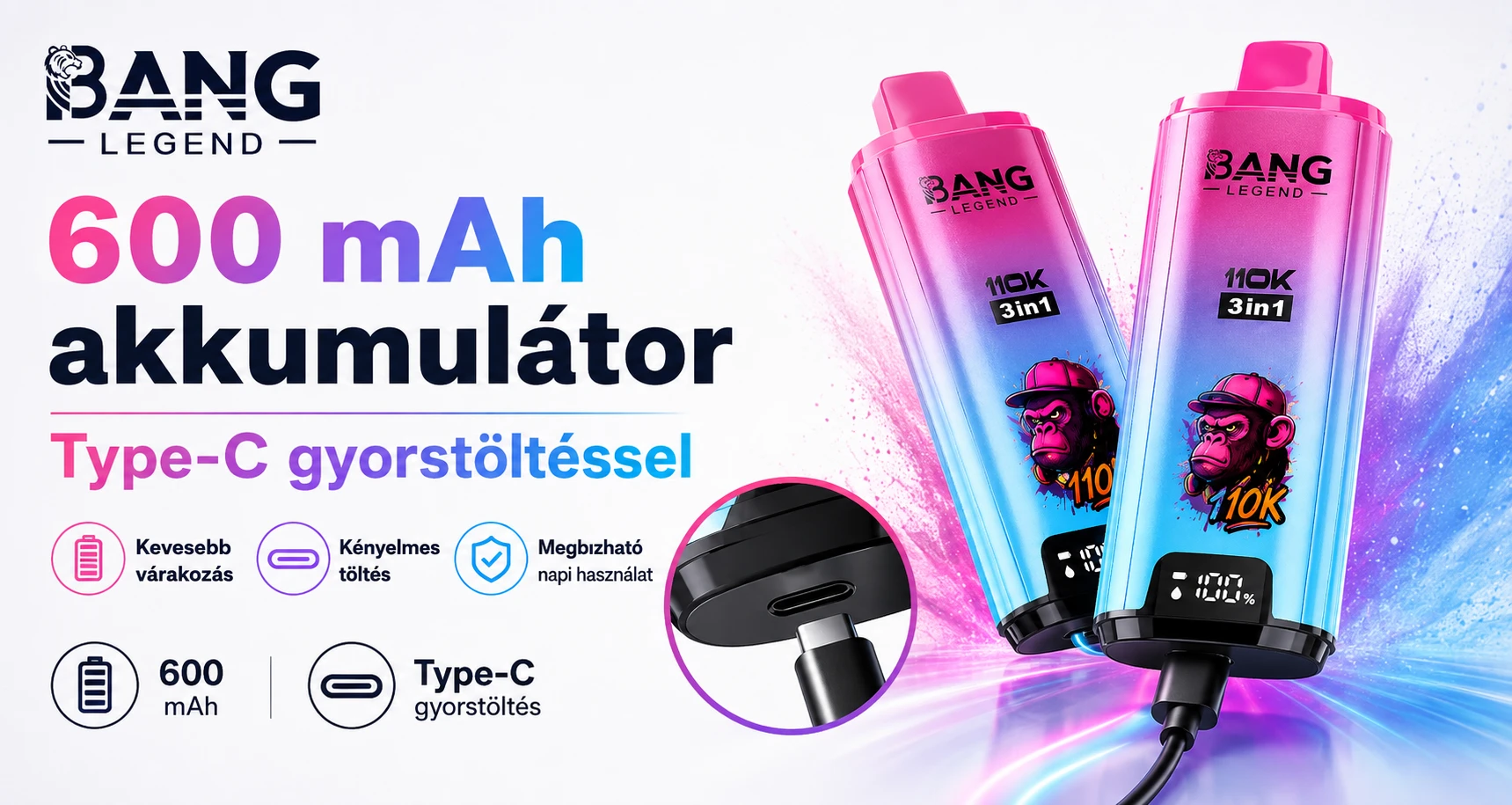 Bang Legend 110K Puffs – 600 mAh akkumulátor és USB-C töltés