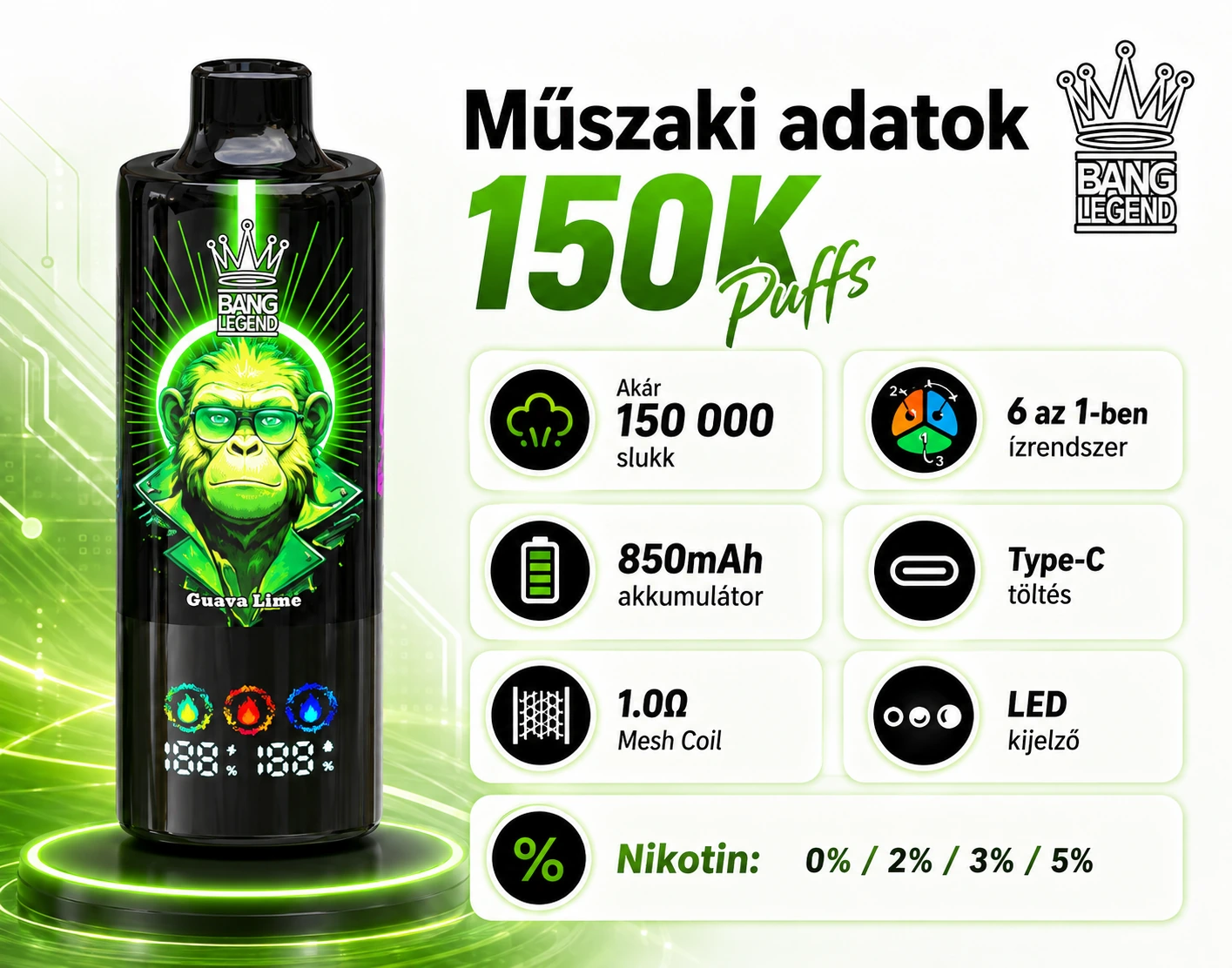 Bang Legend 150K Puffs 6 az 1-ben – műszaki adatok