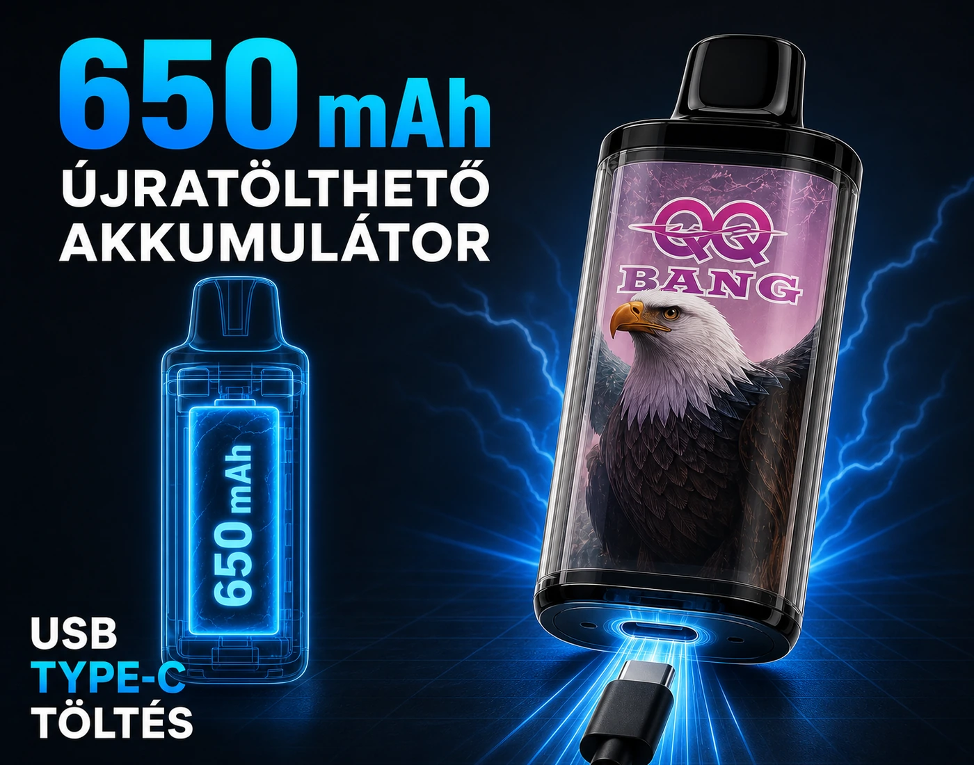 QQ BANG 100K – 650 mAh akkumulátor és USB-C töltés