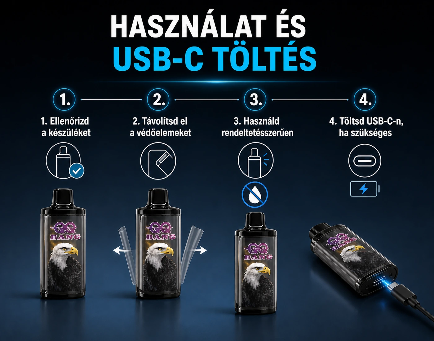 QQ BANG 100K – használati és USB-C töltési útmutató