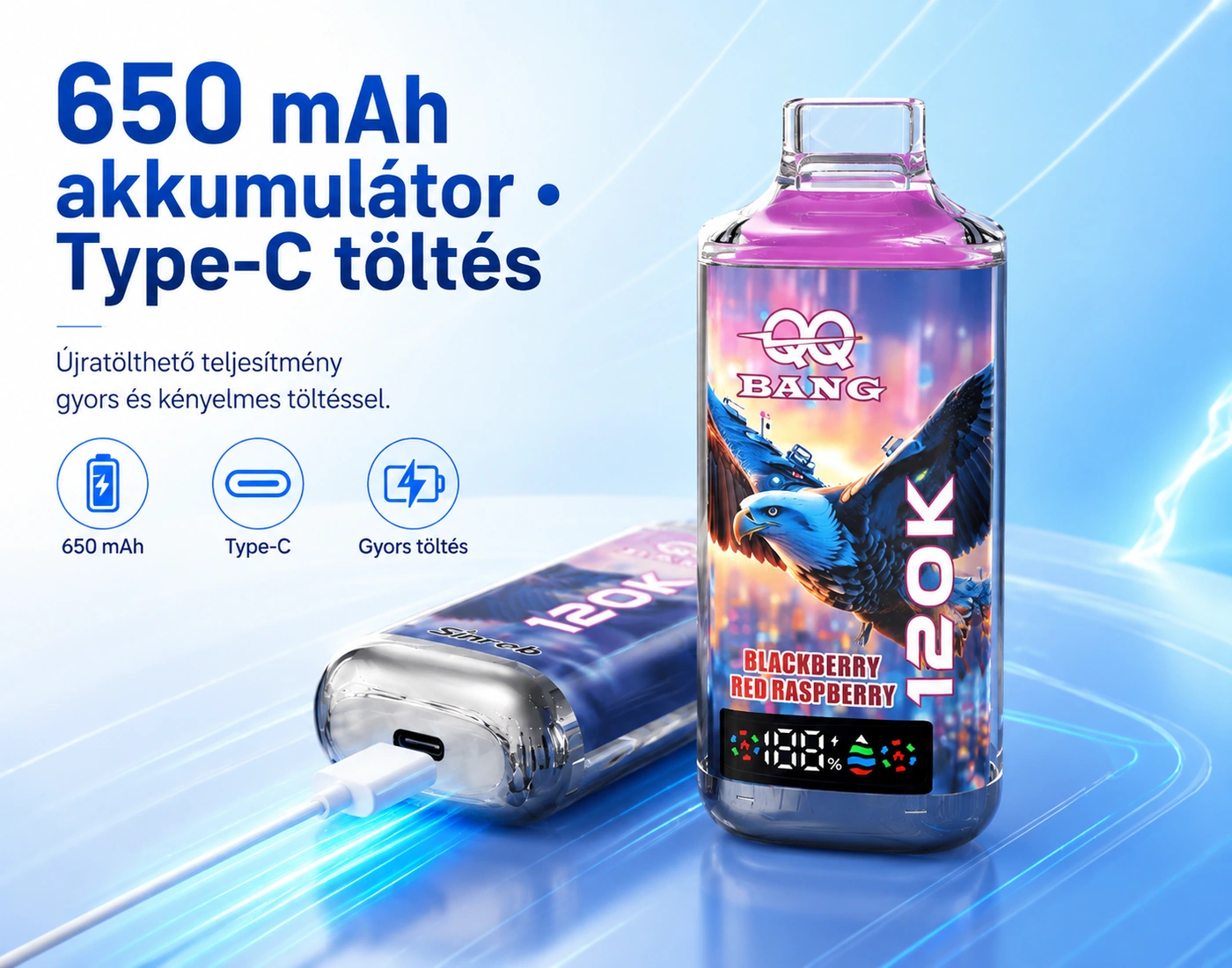 QQ BANG 120K – akkumulátor és USB-C töltés