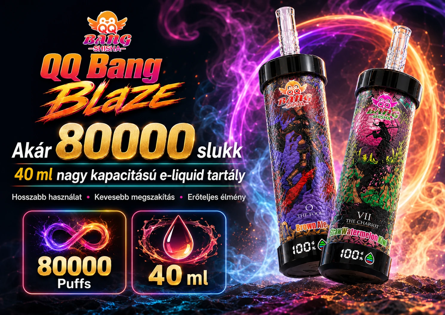 QQ Bang Blaze 80000 Puffs – 80 000 slukk és 40 ml e-liquid-kapacitás